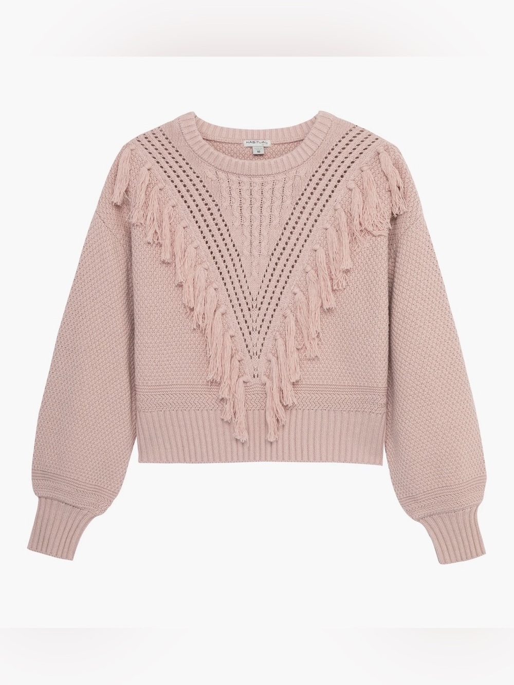 Habitual Kids Mix Stitch Fringe Crewneck Sweater Western Boho Pink Girls Size 14